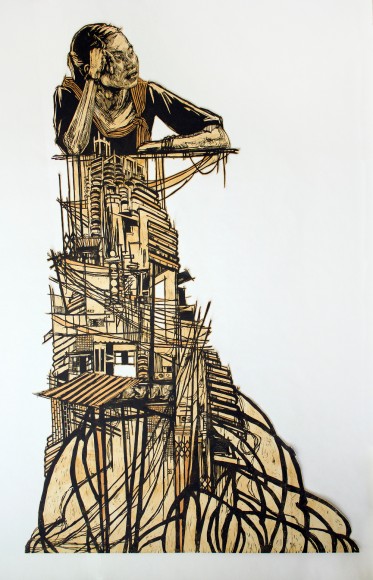 Swoon, Bangkok, 2008, block print on mylar, coffee stained, hand painted, 274.3 x 182.9 cm